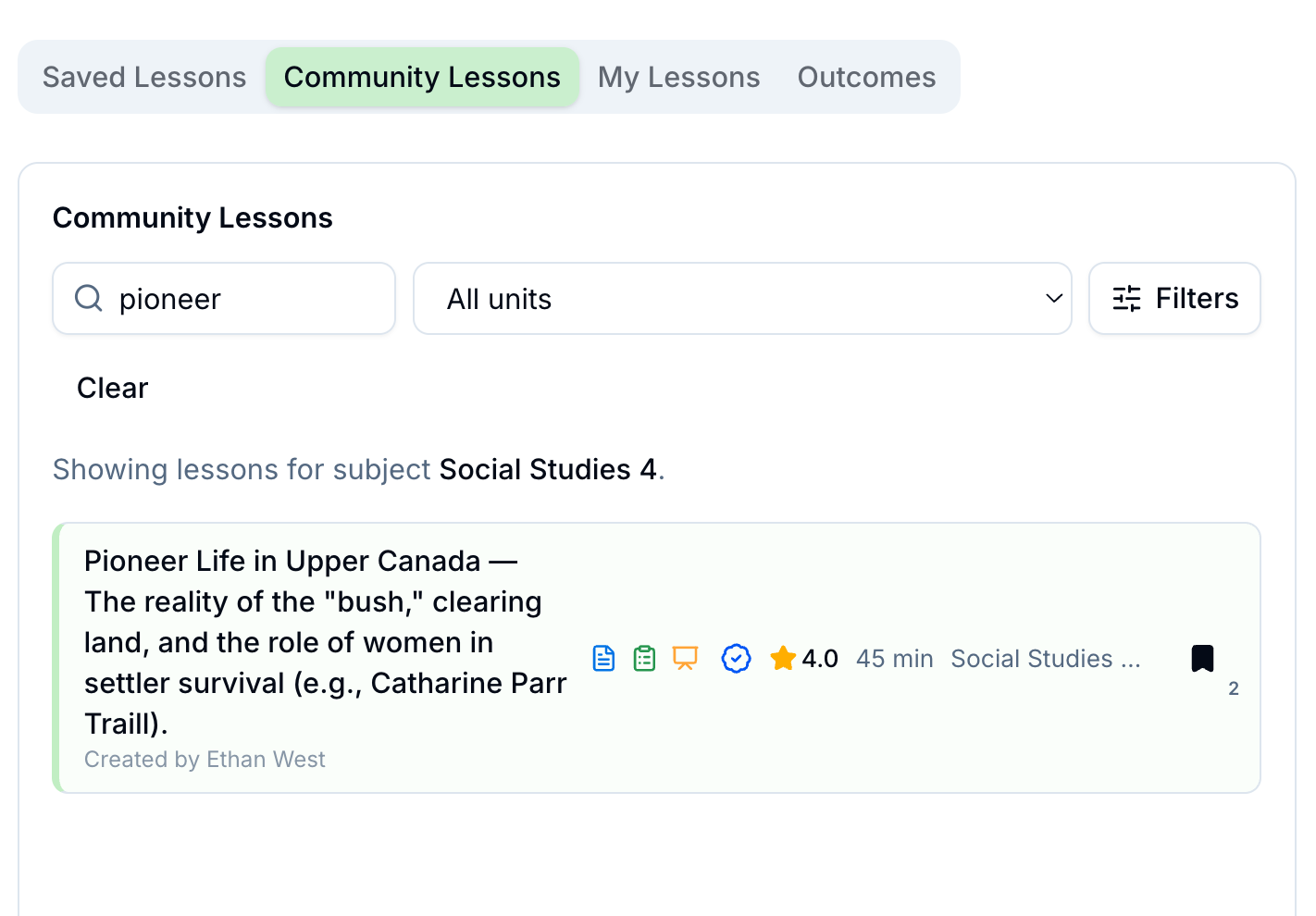 Community Lessons library with search, filters, and Social Studies 4 lesson results including ratings and save counts.