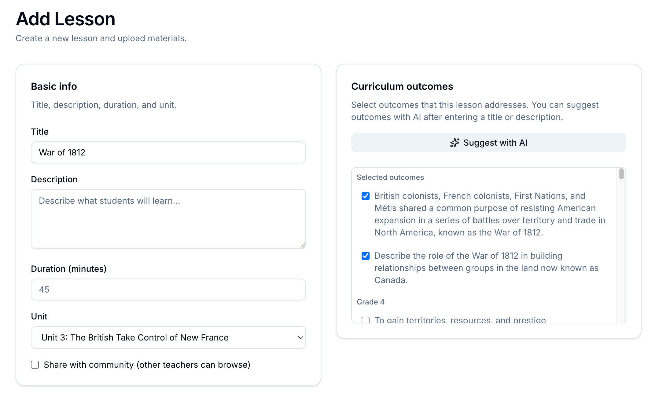 Add Lesson screen with basic info, curriculum outcomes, and Suggest with AI.