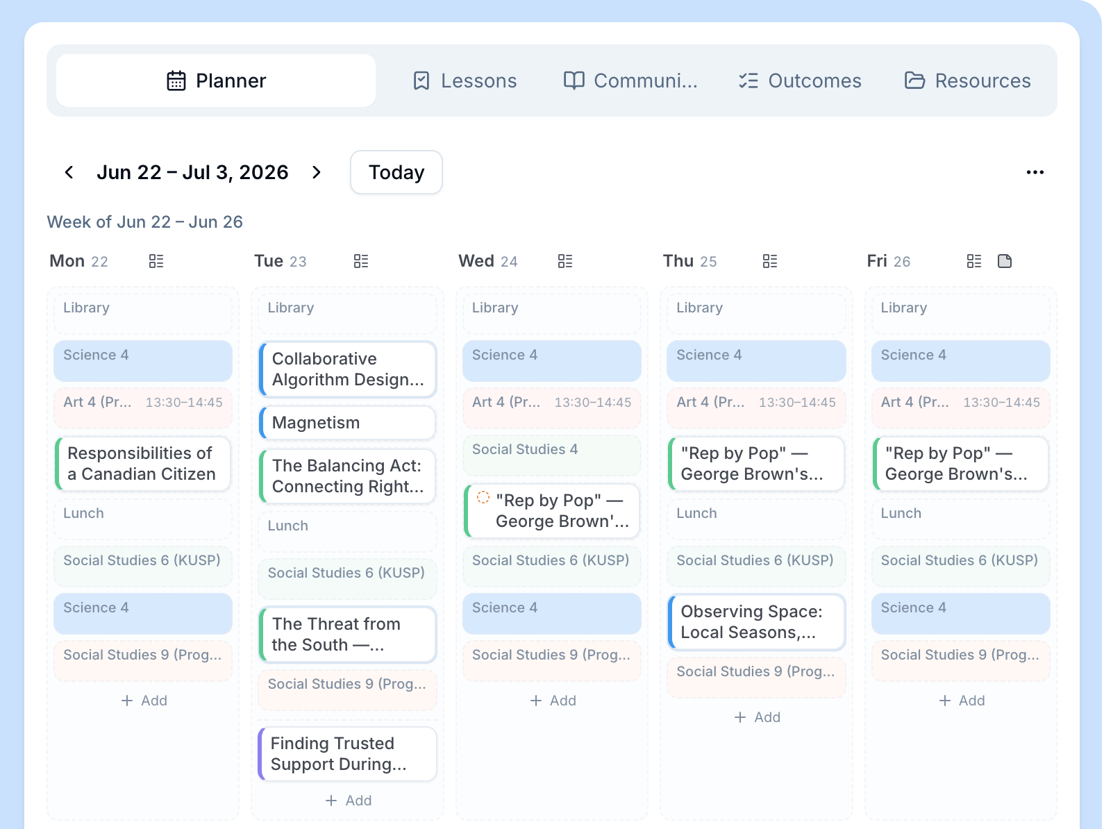 The TeachNEW weekly planner with bell-schedule periods for each day (Library, Science, Art, and Lunch slots) and lessons dropped into specific periods.